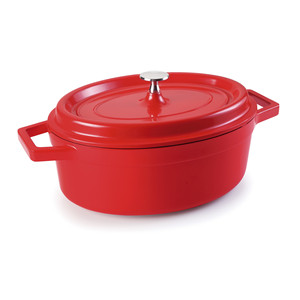 Casseruola ovale con coperchio rosso, cocotte da 3,5 litri in ghisa smaltata per uso in forno - Product Image 1