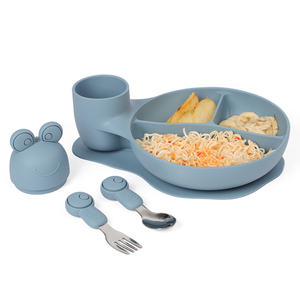 Assiette en silicone de qualité alimentaire OEM/ODM avec ensemble fourchette-cuillère en acier inoxydable, vaisselle multifonction écologique - Product Image 2