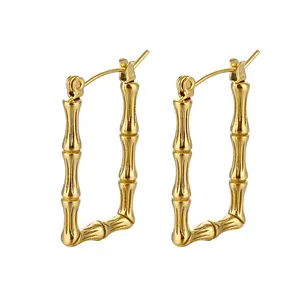 Trendy Dainty Jewelry Eco Friendly 50mm Square 18K Gold Plated Stainless Steel Bamboo Drop Shape Huggie Earrings