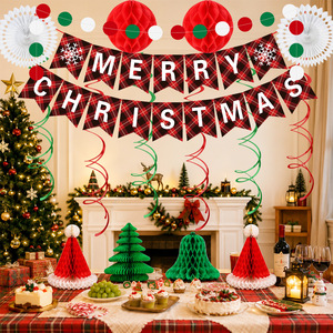 Décorations de table de Noël en nid d'abeille très populaires, ensemble de bannières et boules de pompons en papier pour fêtes de Noël - Product Image 4