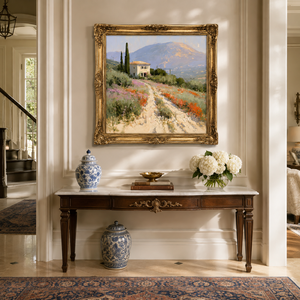 Pintura al Óleo de Villa <span class=keywords><strong>Toscana</strong></span>, Paisaje Campestre con Flores Silvestres, Hecha a Mano, Tamaño Personalizado, Lienzo con Marco Dorado, Arte de Pared para Hotel o Resort - Product Image 2