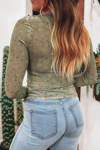 Dear-Lover Vente en gros Femmes Laurel Green Vintage Floral Print Southern Style Mesh Top à manches longues - Product Image 4