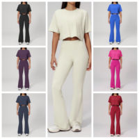 Ensemble de vêtements de sport pour femmes, respirant et anti-transpiration, t-shirt à manches courtes ample, leggings évasés taille haute, ensemble de yoga pour femmes, vêtements de sport actifs