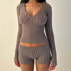 Women <b>Knitted</b> Crop Top Shorts <b>Set</b> Full Sleeve Solid Color Anti-Pilling Casual Suit Navel Exposed - Product Image 1
