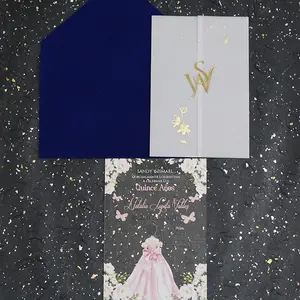 Thẻ personalizzata con scatola vellum vàng lá Bìa nhung Thiệp mời đám cưới trong suốt