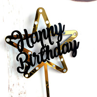 Décoration de gâteau d'anniversaire en forme d'étoile à cinq branches en acrylique or et noir, style double couche, pour gâteau d'anniversaire