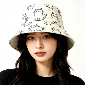 Chapeau Bob Unisexe avec Imprimé Chat Mignon et Broderie 3D, Réversible, Protection Solaire, Large Bord, Style Pêcheur, Décontracté, Été, Plage, Quotidien - Product Image 1