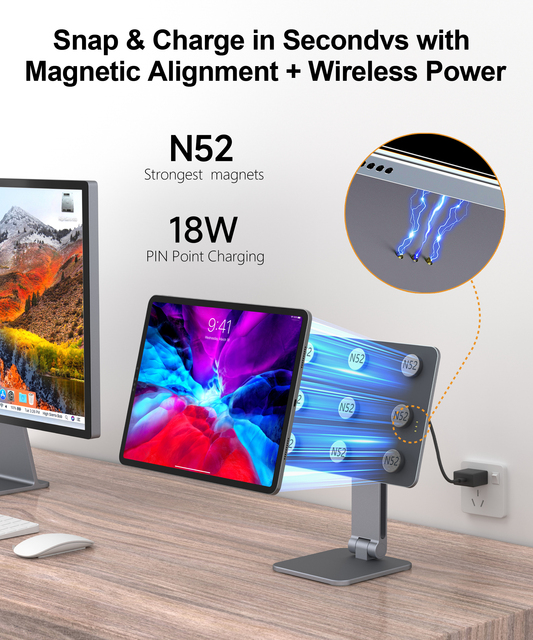 Tablet Stand 360 Degree Rotating Panel Wireless Charging Aluminum Magnetic Foldable Adjustable 12.9 iPad Compatible ROHS REACH