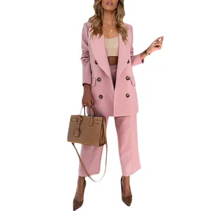 Fashion Pink Lapel Collar Double Breasted Fall Formal Blazers Two Piece Set Women