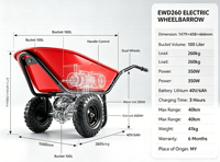 Brouette électrique TAYO EWD260, seau de 100L, moteur 350W, charge utile de 260kg, double roues, plateau en plastique, usage intensif pour la construction