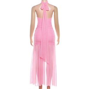 Women's Halter Neck Ruched Tulle Maxi Dress - <b>Tie</b> <b>Back</b> Ruffle Detail Formal Evening Gown Party Dresses Fashion - Product Image 6