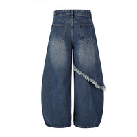 Nouveau style décontracté américain, pantalon en jean à chevrons délavé et effiloché, coupe large avec rivets uniques, longueur au sol