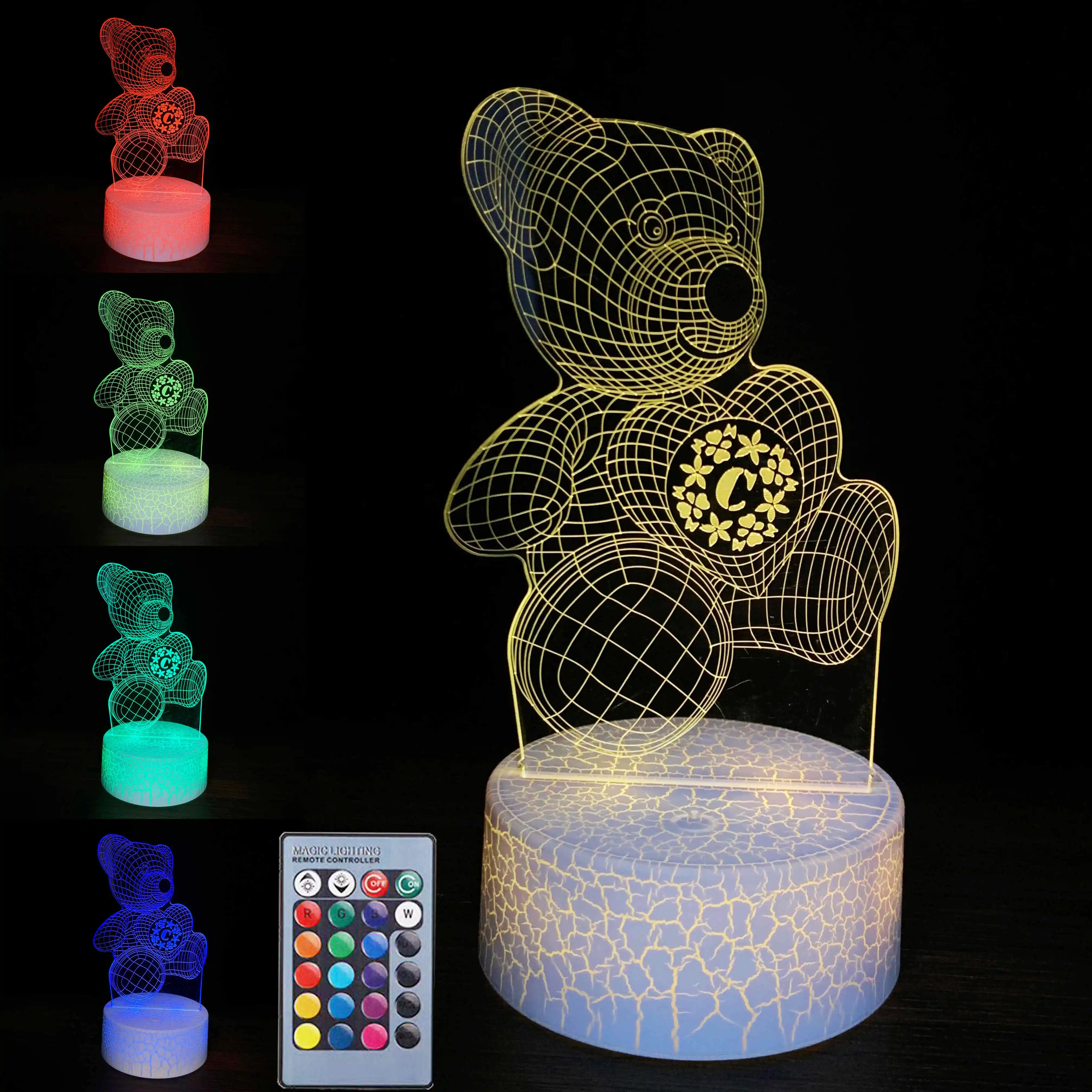 Humor Bear — lampe LED imprimée acrylique à Base craquelée avec télécommande, luminaire décoratif d'intérieur, idéal pour une Table de chevet, effet d'illusion 3D
