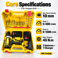 Kit de perceuse à percussion sans fil 3-en-1 en gros, 10 mm, 45 N.m, 2 vitesses, avec 2 batteries et mallette BMC