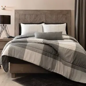 Ensemble de housse de couette Gales Grey Vianney XL/QS, coton à carreaux matelassé, 3 pièces, literie pour usage domestique - Product Image 3