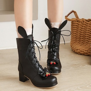 Botas de tobillo con lazo y orejas de conejo, estilo cosplay, tacón grueso, antideslizantes, talla grande 46 para niñas, otoño 2020 - Product Image 3