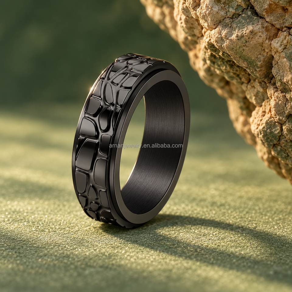 ARNAN New Stone Texture Ring Stainless Steel Rotating Spinner Band ...