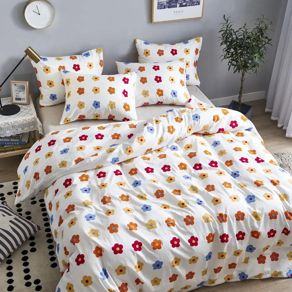 100% Cotton Floral Printed Bedsheet Duvet Cover Bedding Set on Sale Luxury Cute Chinese Bedroom Woven 40 Solid American Style