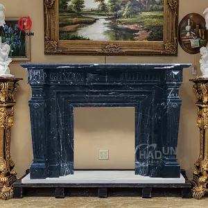 Hand Carved Black Marble Fireplace with Golden Painting