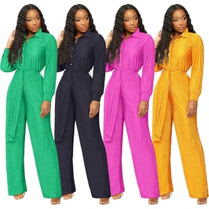 Nouveautés 2024 - Vente Flash : Combinaison Femme en Satin Uni Décontractée à Jambes Larges, Manches Longues, Ceinture, Tenue d'Automne Élégante, Coupe Classique - Product Image 3