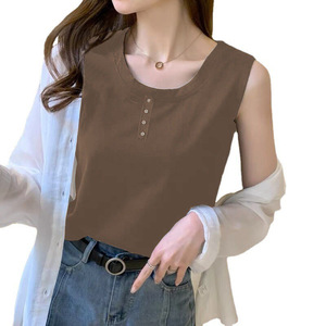 White Sleeveless Camisole Top With Buttons Women's Solid Color Polyester Base Layer Summer Vest Slim Fit T Shirt - Product Image 5