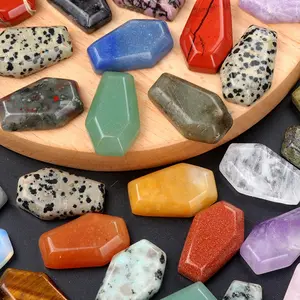 Carved Coffin Shaped Worry Stones Pendant 1.18 Inch Real Loose Assorted Gemstone Flat Stones for Halloween Jewelry Making