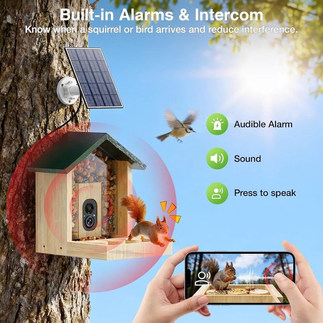 Squirrel Lovers Gifts Solar Powered Squirrel House Tree Mount Wooden Bird Feeder Smart Cedar Squirrel Feeder with Solar Panel