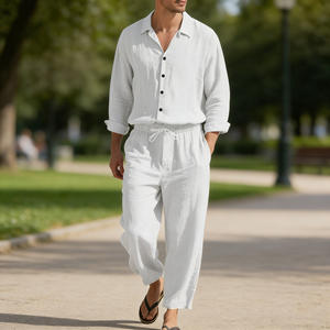 Completo Estivo Stile Americano in Lino per Uomo, Camicia <span class=keywords><strong>a</strong></span> Maniche Lunghe e Pantaloni Casual con Protezione Solare - Product Image 1