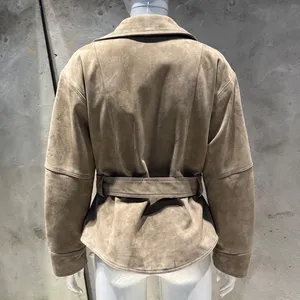 Veste en daim élégante, veste en cuir de mouton véritable, gris clair, vestes en daim pour femmes - Product Image 4