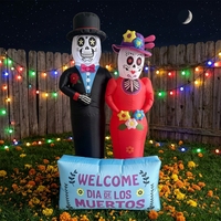 Squelette gonflable de couple du Jour des Morts en tenue formelle noire et rouge avec panneau de message pour décoration lumineuse de fête