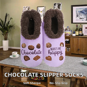 Snoozies Damen Lustige Hausschuhe für Erwachsene, weich, rutschfest, Sherpa-Futter, Flanell-Obermaterial, „Chocolate Makes Me Happy Indoor Silly“ - Product Image 2