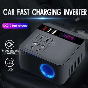 อินเวอร์เตอร์ในรถยนต์ 150W 12V/24V ถึง 220V อะแดปเตอร์อินเวอร์เตอร์พร้อมเครื่องชาร์จ USB QC 3.0 ชาร์จเร็วสีดำ - Product Image 1