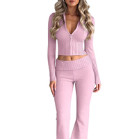 Ensemble tricoté deux pièces pour femme avec logo personnalisé, collection automne 2025 – Haut court à manches longues et pull zippé, survêtement pour femme