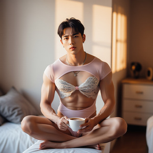 Pink lace cutout bodysuit for men, flirtatious lingerie, abstinence-style open crotch no-removal crossdressing flirtatious set - Product Image 2