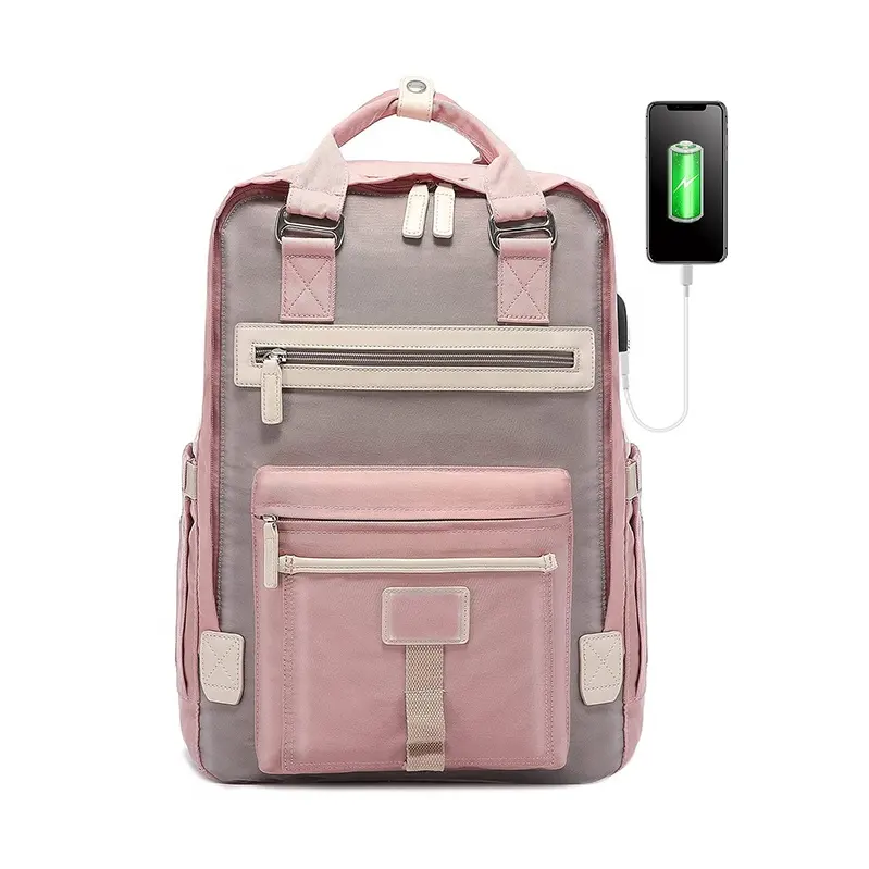 Nylon waterproof travel backpack ladies laptop bag with USB charging fashion college student school bag