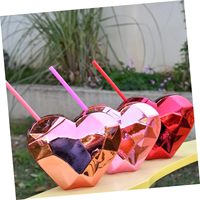 Gobelet en plastique à paroi simple en forme de cœur, électroplaqué, avec paille, pour la Saint-Valentin, vente en gros