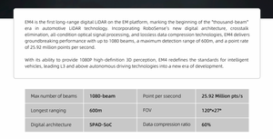 RoboSense EM4 1080-Beam <span class=keywords><strong>LiDAR</strong></span>, portée de 600 m, 25,92 M points/s, <span class=keywords><strong>LiDAR</strong></span> numérique pour la conduite <span class=keywords><strong>autonome</strong></span> - Product Image 2