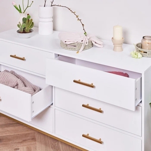 <span class=keywords><strong>Commode</strong></span> double horizontale blanche contemporaine de luxe avec poignées et pieds dorés, rangement pour chambre à coucher - Product Image 6