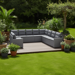 Modular <b>Grey</b> Pe Rattan Garden Sofa Set Steel <b>Frame</b> Outdoor Furniture 10 Plus Seating Contemporary Design - Product Image 2