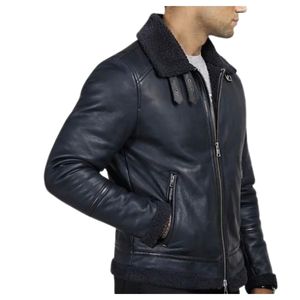 Veste bomber en cuir vintage bleu pour homme Icon Gilani, cuir véritable, col en peau de mouton, tissu en toile, fermeture éclair - Product Image 4