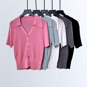 Factory Low MOQ Wool Cotton Viscose Nylon Knitwear <strong>Polo</strong> <strong>Neck</strong> Fine Knit Women Cardigan Half Sleeve Office <strong>Lady</strong> Sweater <strong>Jumper</strong> - Product Image 1
