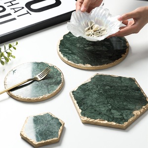 Emerald Natural <strong>Marble</strong> Gold Edge <strong>Coaster</strong> Hexagon Insulated Tea <strong>Coaster</strong> Round Real <strong>Marble</strong> Tray for Kitchen Luxury Table Decor - Product Image 2