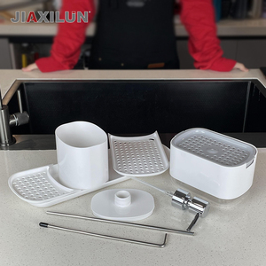 2024 distributore di sapone <span class=keywords><strong>liquido</strong></span> in <span class=keywords><strong>plastica</strong></span> bianca di ultimo prodotto per piatti caldi da cucina porta spugna per lavaggio con organizzatore Extra - Product Image 6