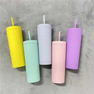 Bridesmaid gift 19oz Blank Skinny Soft Matte Cup double walled Pastel Color Plastic Skinny Tumbler with lid and straw for Coffee