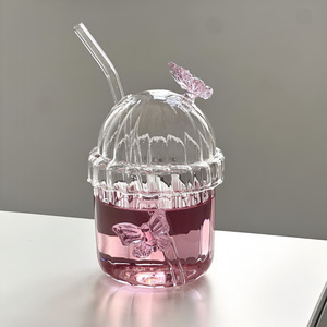 Pink Butterfly Striped Glass Bubble <b>Cup</b> With Straw 300ML 500ML Transparent <b>Cold</b> Drink Water <b>Cup</b> For Party Unisex - Product Image 2