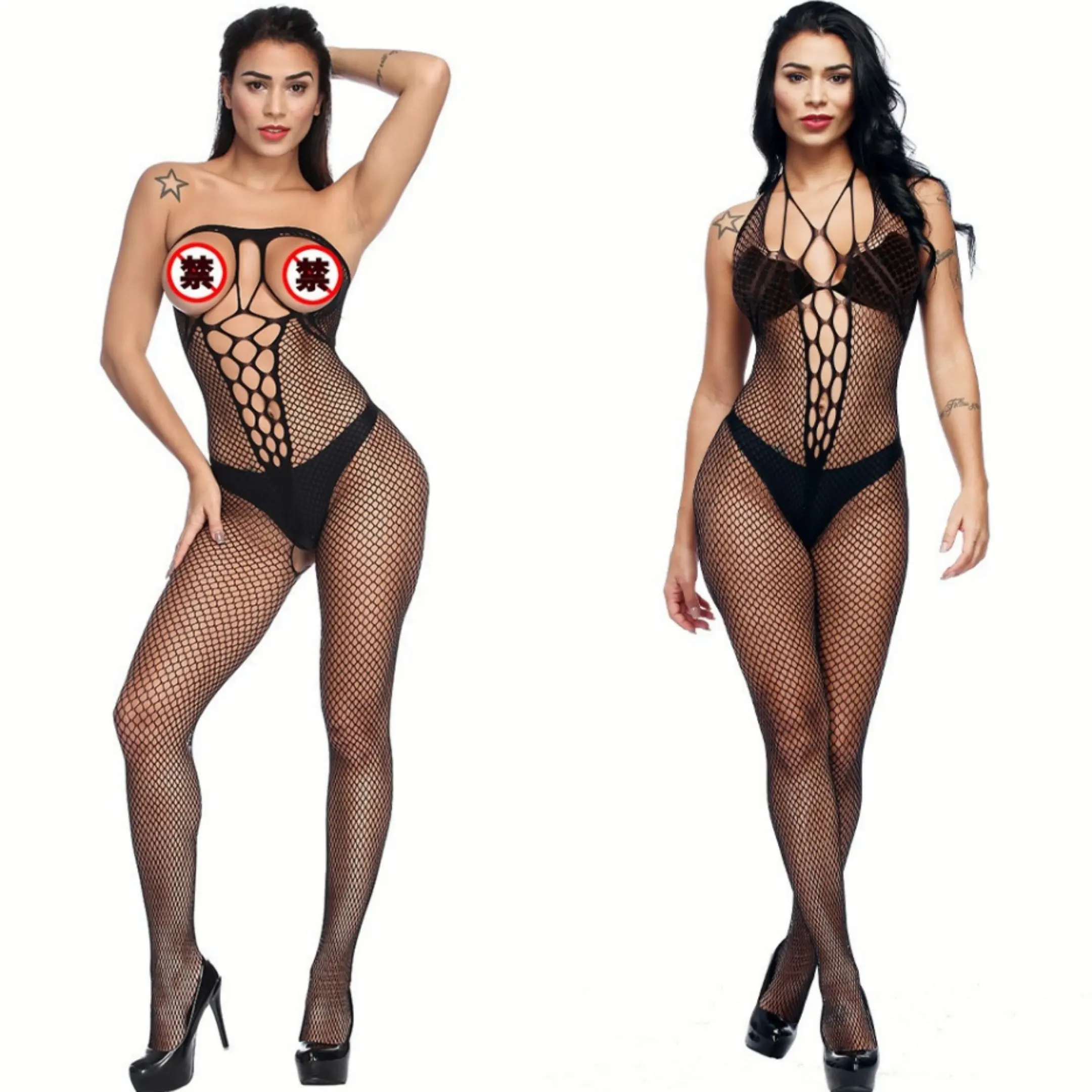 Crotchless Straight Into Women's Sexy Bare-Chested Bodystocking Lencería Malla Sheer Bodysuit Nylon Medias