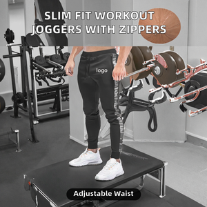 Custom Casual Workout <b>Slim</b> Fitting Ribbed Drawstring Men's Sweatpants <b>Jogger</b> Pants Mid Waist with Zipper Pockets Oem Service - Product Image 2