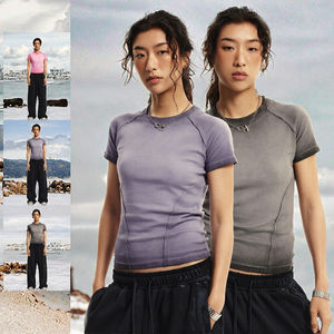 T-shirt décontracté pour femme, imprimé vintage, été, coupe ajustée, manches courtes, col rond, broderie de logo, tissu tricoté 100% fibre de bambou, rapide - Product Image 3