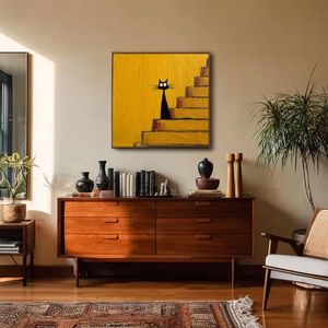 Stile Minimalista, Dipinto a Olio <span class=keywords><strong>di</strong></span> un Gatto Nero che Si Trova sulle Scale, Opera d'Arte Animale Disegnata a Mano Perfetta per Decorazione Murale - Product Image 6