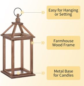 Farmhouse Wood Candle <strong>Lantern</strong> <strong>Set</strong> 12" 16" Rustic Design for Home Decor Wedding Centerpieces Indoor/Outdoor Fireplace - Product Image 4